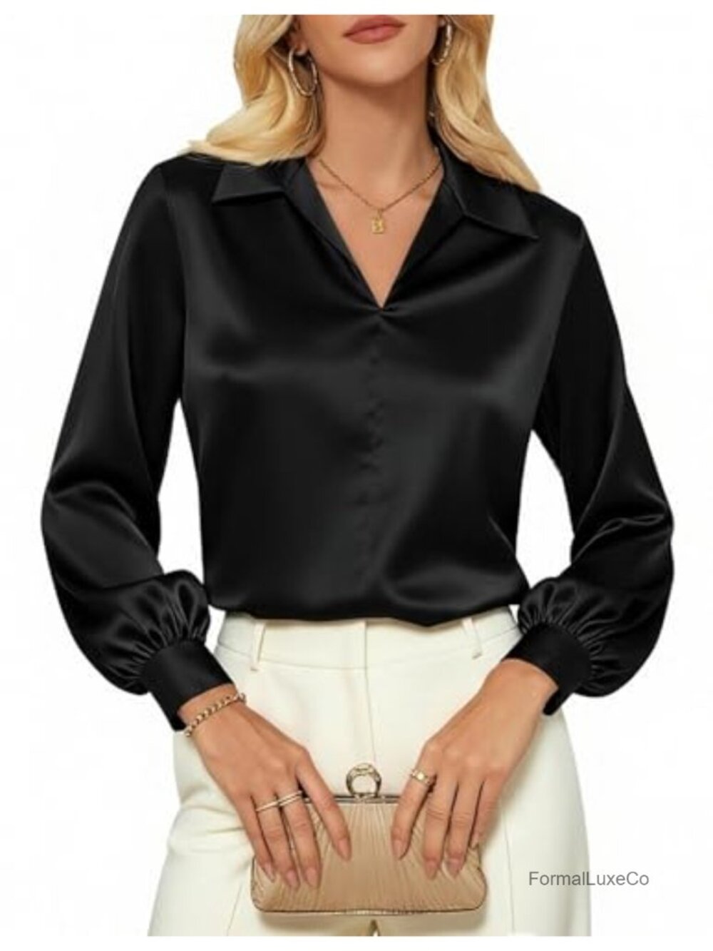Women Satin Silk Long Sleeve V-Neck Collared Blouse Office Top